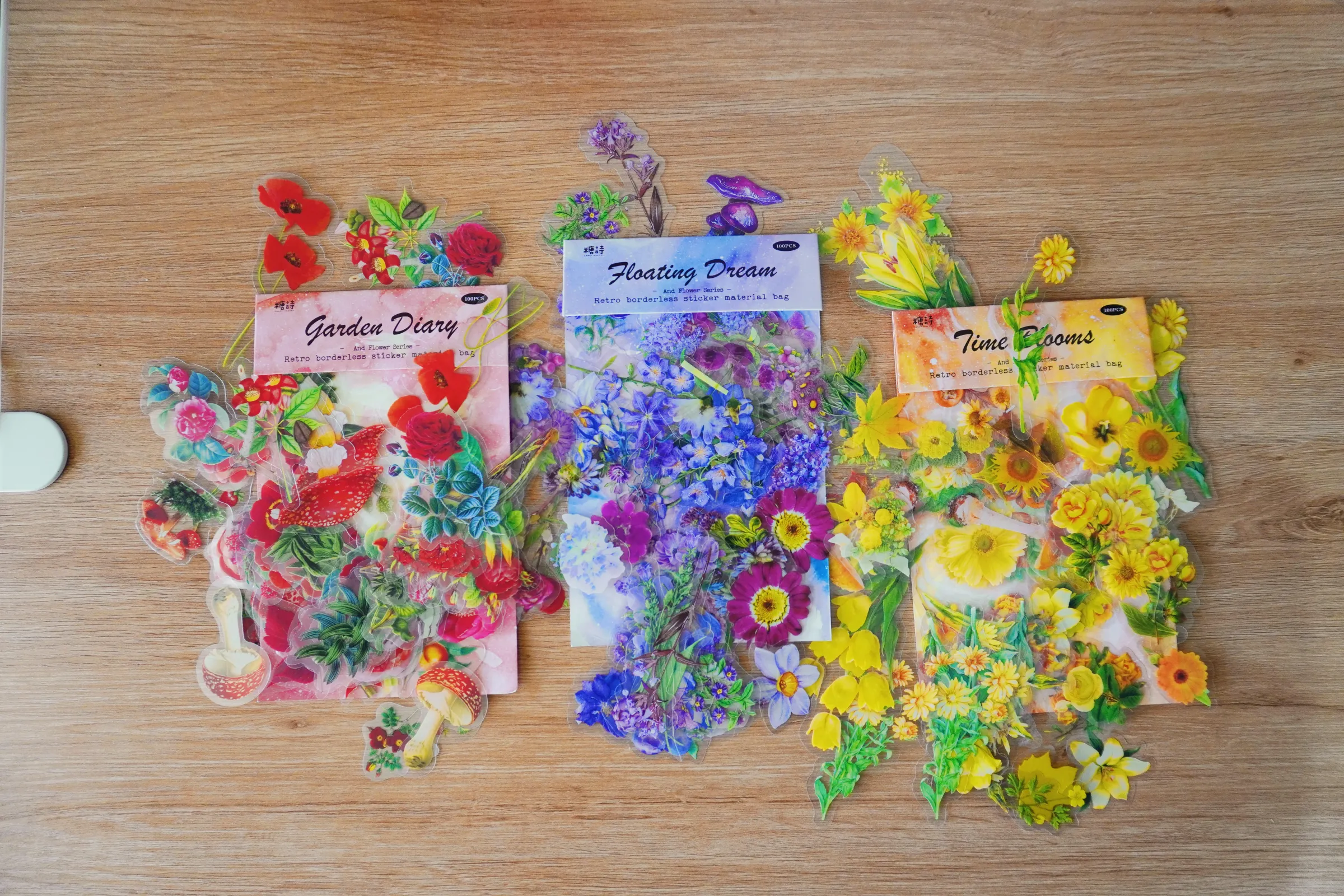 Garden Diary, Floating Dream, and Time Blooms retro stickers from the "And Flower" Series