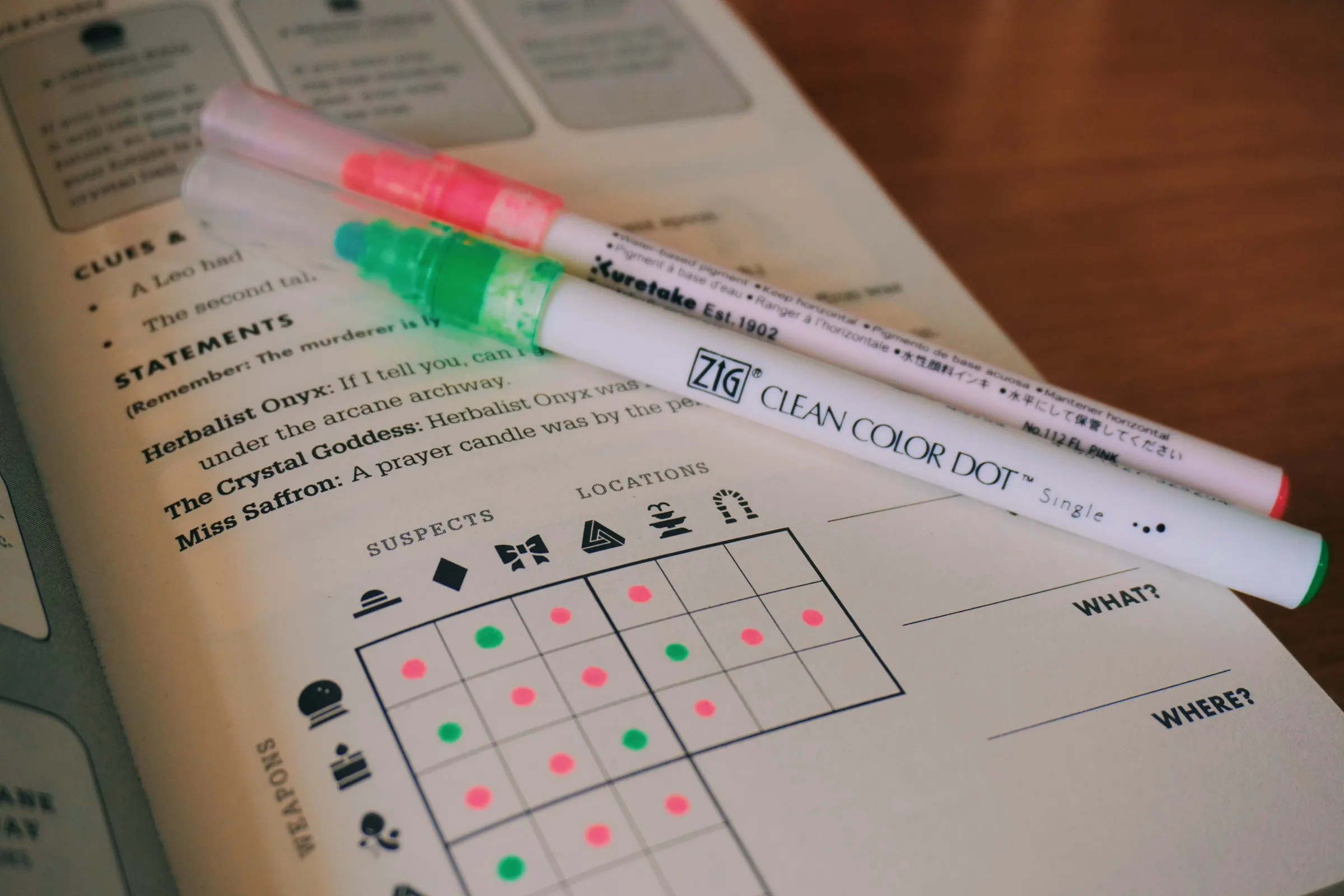 Zig Clean Color Dot. I was surprised there was such a pen. I use this for answering Murdle puzzles and for marking checklists